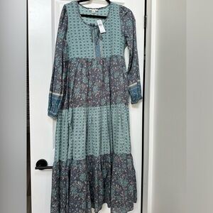 American Eagle Outfitters Green and Blue Smocked Tie Front Maxi Sundress